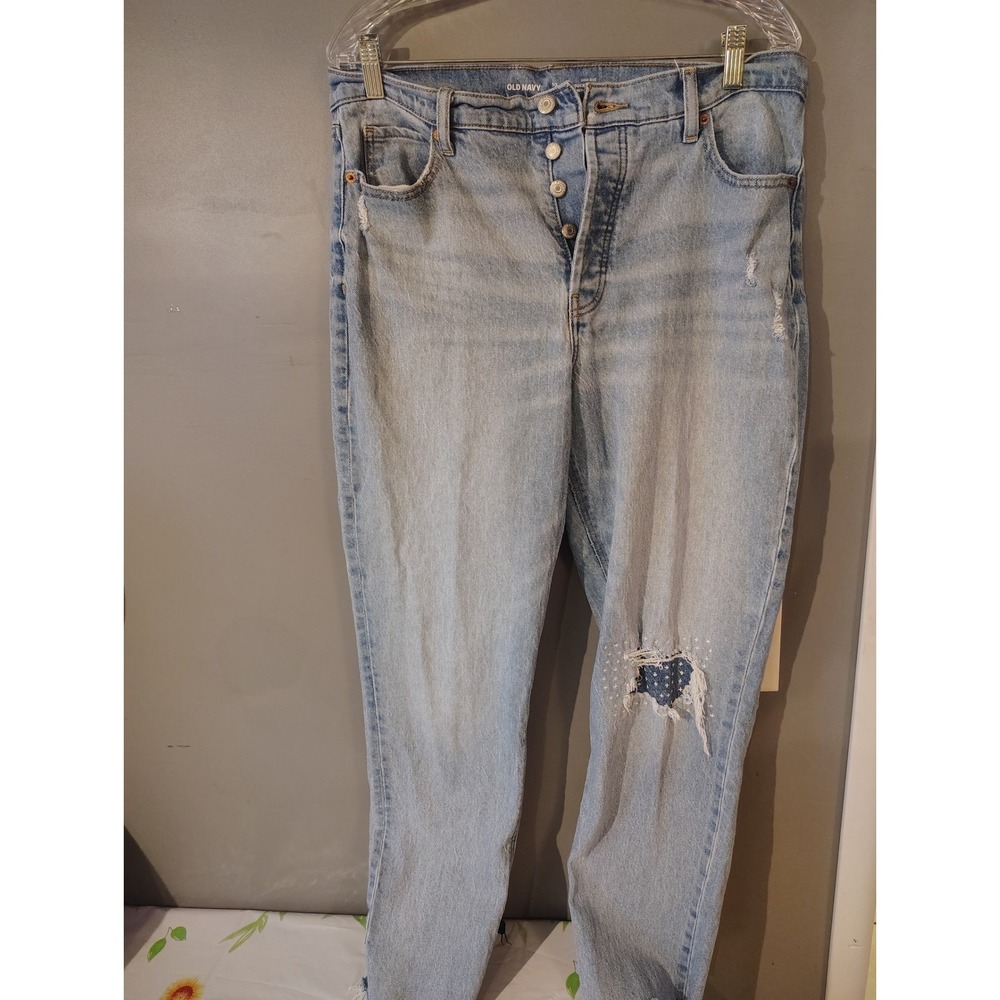 Old Navy High Rise Slouchy Straight Jeans Light Wash Distressed Patch Size 10